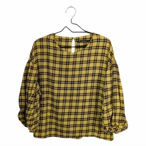 Zara Woman Yellow Black Plaid Checkered Blouse 3/4 Balloon Pleated Sleeves XL